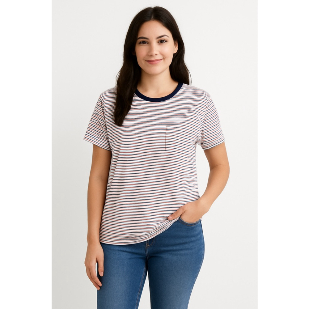 J.Crew Women's Striped Short Sleeve Tee White Navy Red Large